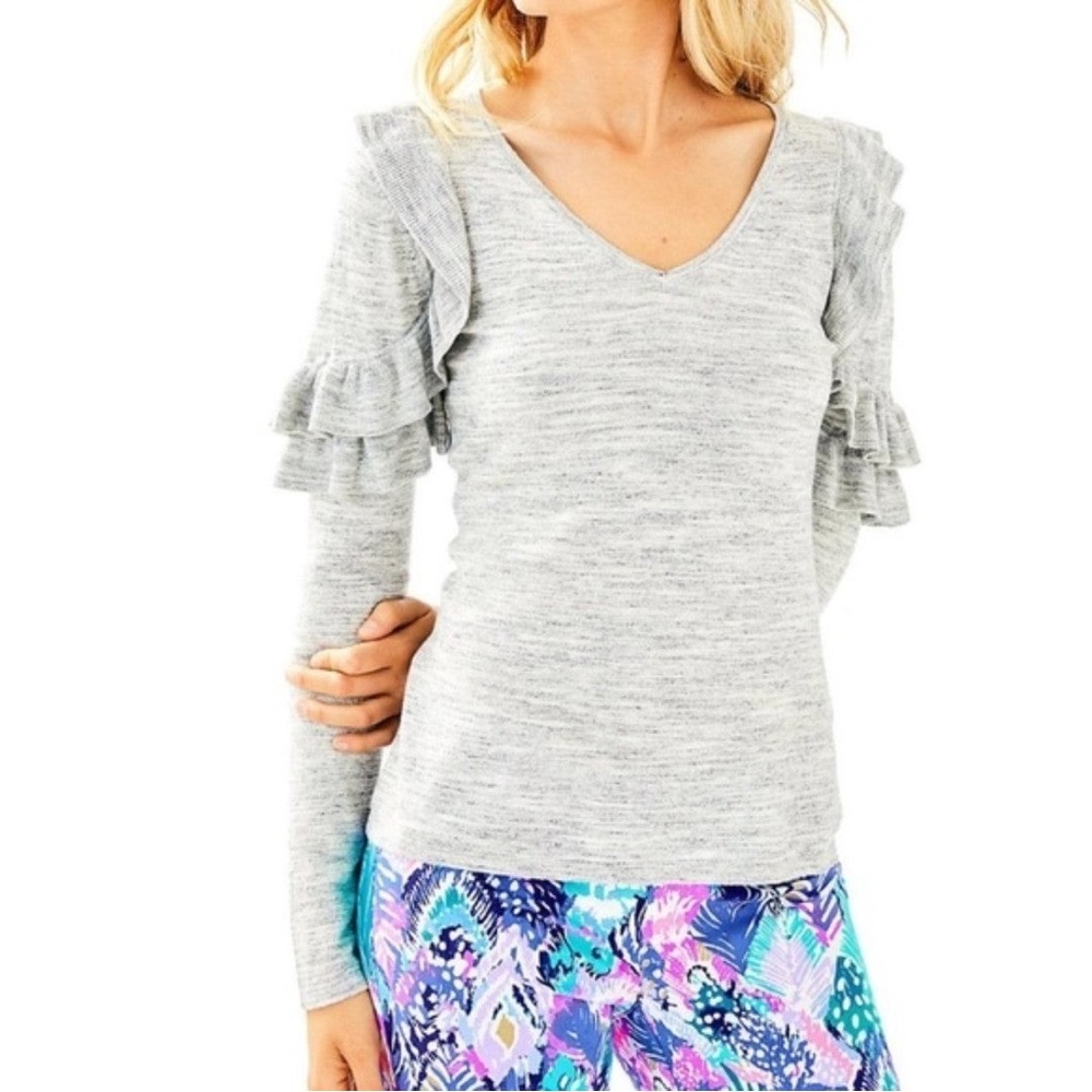 Lilly Pulitzer Fresca Ruffle Shoulder Sweater - Gray - Size M